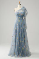 Load image into Gallery viewer, Green A-Line One Shoulder Prom Dress With Embroidery