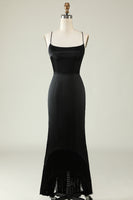 Load image into Gallery viewer, Black Spaghetti Straps Satin Prom Dress with Fringes