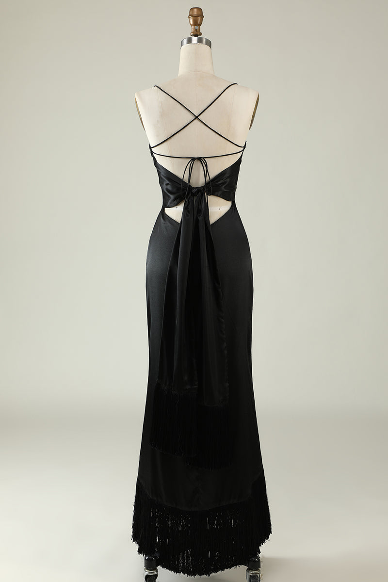Load image into Gallery viewer, Black Spaghetti Straps Satin Prom Dress with Fringes