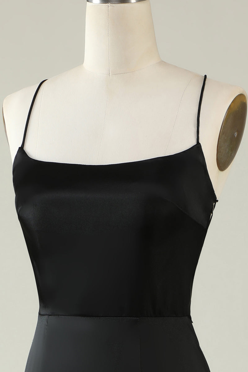 Load image into Gallery viewer, Black Spaghetti Straps Satin Prom Dress with Fringes