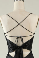 Load image into Gallery viewer, Black Spaghetti Straps Satin Prom Dress with Fringes