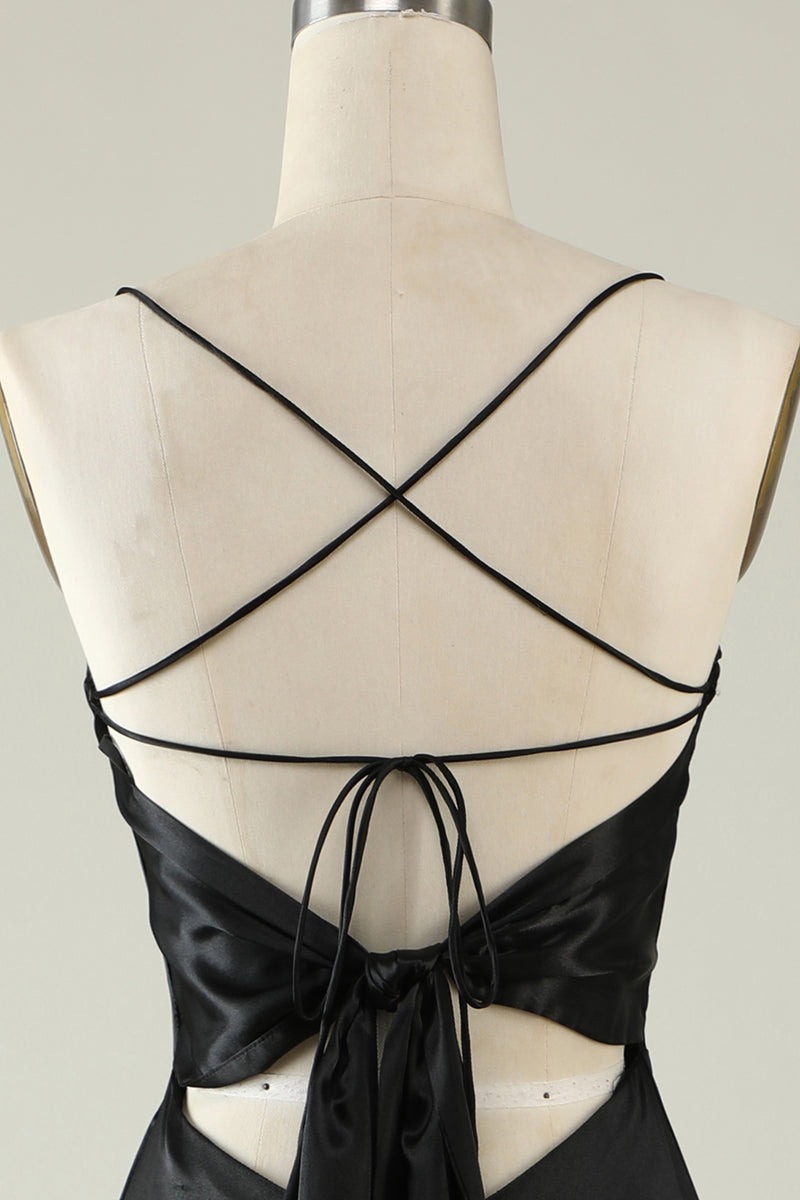 Load image into Gallery viewer, Black Spaghetti Straps Satin Prom Dress with Fringes