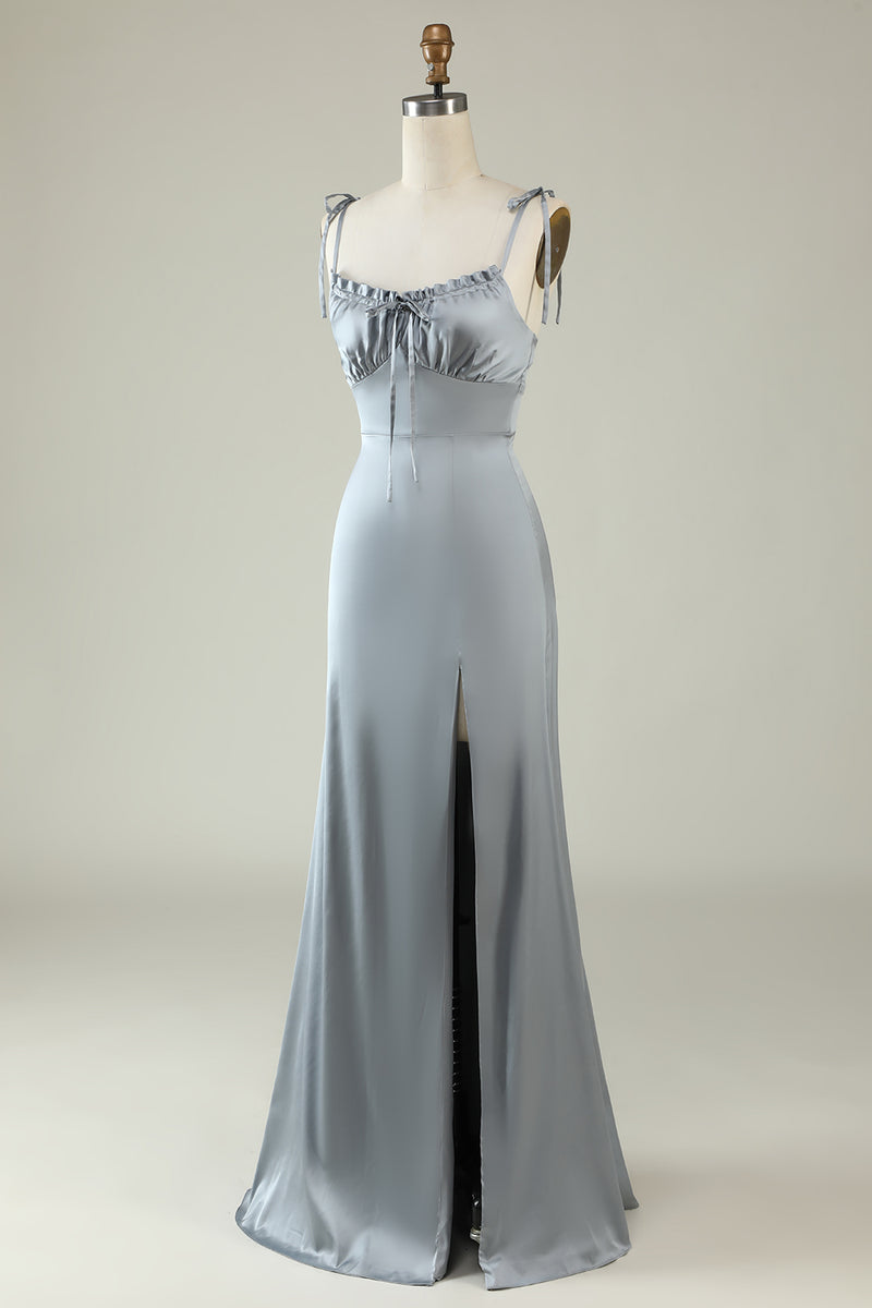Load image into Gallery viewer, Spaghetti Straps Grey Satin Prom Formal Dress with Slit