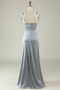 Spaghetti Straps Grey Satin Prom Formal Dress with Slit