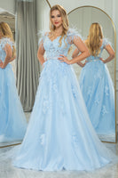 Load image into Gallery viewer, Light Blue A-line Tulle Spaghetti Straps Corset Prom Dress with Feather