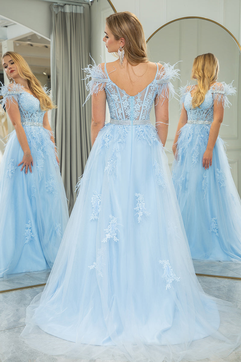 Load image into Gallery viewer, Light Blue A-line Tulle Spaghetti Straps Corset Prom Dress with Feather