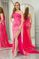 Load image into Gallery viewer, Fuchsia Mermaid Sequin One Shoulder Corset Long Prom Dress with Slit
