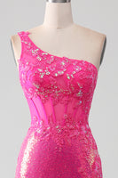 Load image into Gallery viewer, Mermaid One Shoulder Fuchsia Sequin Corset Long Prom Dress with Slit