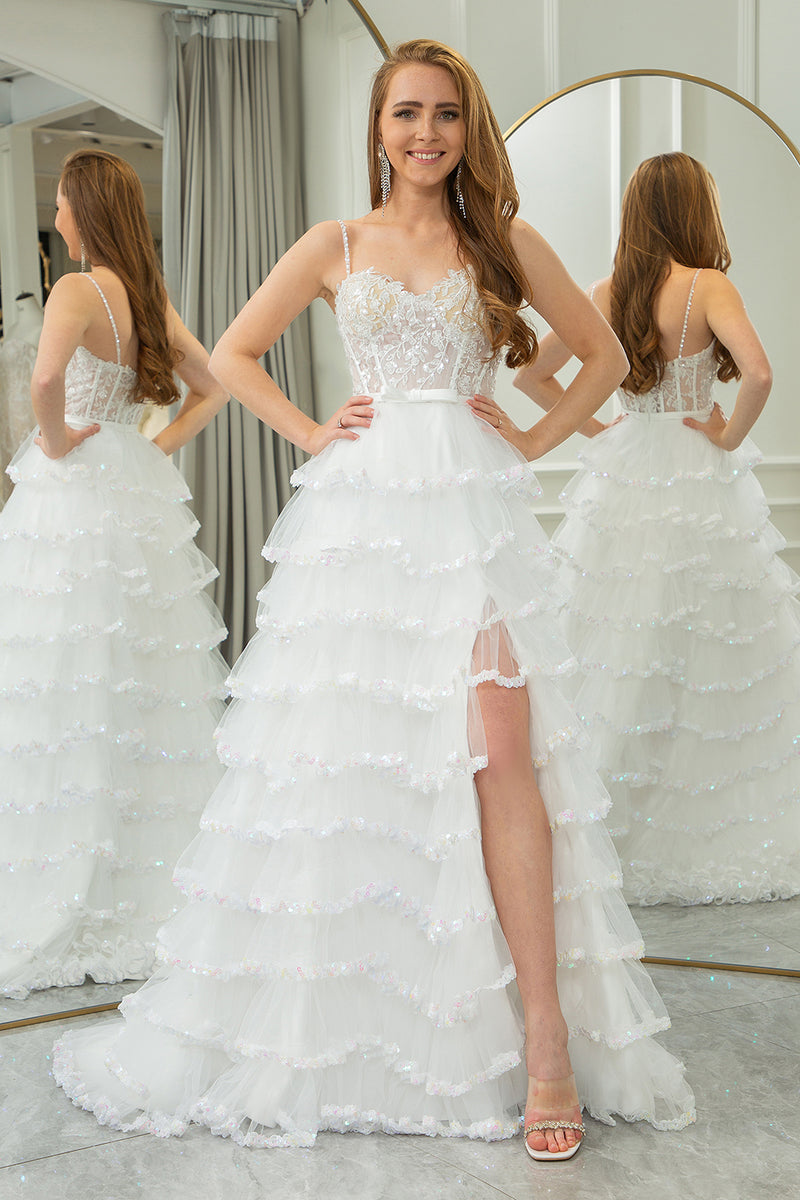 Load image into Gallery viewer, White A-line Spaghetti Straps Tulle Tiered Corset Prom Dress with Slit