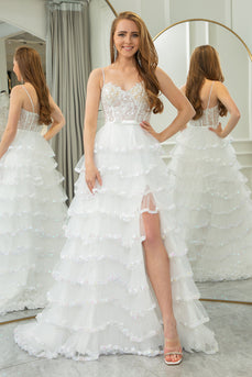 White A-line Spaghetti Straps Tulle Tiered Corset Prom Dress with Slit