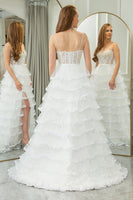 Load image into Gallery viewer, Light Blue A-line Spaghetti Straps Tulle Tiered Corset Prom Dress with Slit