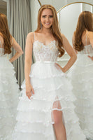 Load image into Gallery viewer, White A-line Spaghetti Straps Tulle Tiered Corset Prom Dress with Slit