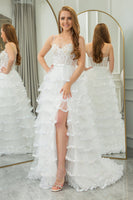 Load image into Gallery viewer, Light Blue A-line Spaghetti Straps Tulle Tiered Corset Prom Dress with Slit