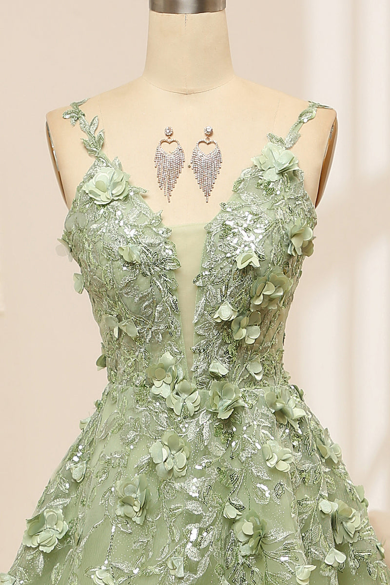 Load image into Gallery viewer, Green Spaghetti Straps A-Line Tulle Prom Dress With Appliques