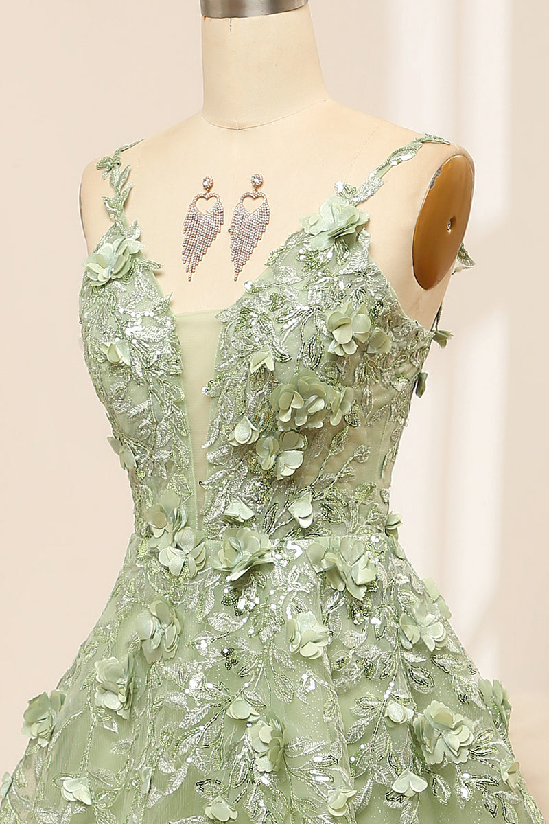 Load image into Gallery viewer, Green Spaghetti Straps A-Line Tulle Prom Dress With Appliques