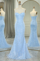 Load image into Gallery viewer, Light Blue Mermaid Spaghetti Straps Corset Long Prom Dress with Sequins