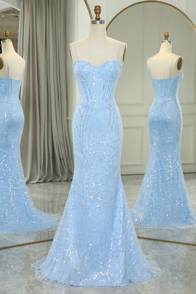 Load image into Gallery viewer, Light Blue Mermaid Spaghetti Straps Corset Long Prom Dress with Sequins