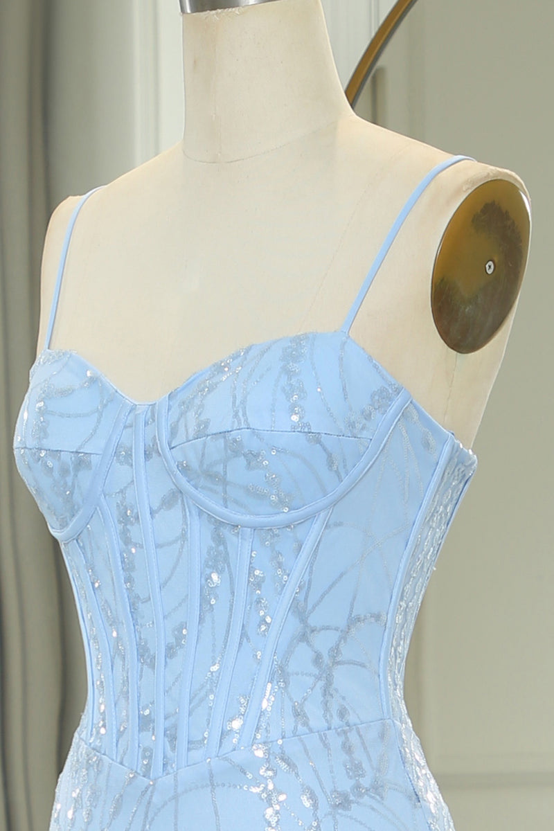 Load image into Gallery viewer, Light Blue Mermaid Spaghetti Straps Corset Long Prom Dress with Sequins