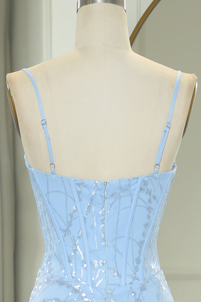 Load image into Gallery viewer, Light Blue Mermaid Spaghetti Straps Corset Long Prom Dress with Sequins