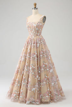 A-Line Champagne Spaghetti Straps Beaded Corset Prom Dress