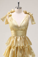 Load image into Gallery viewer, A Line Hot Pink V Neck Long Tiered Prom Dress with Slit