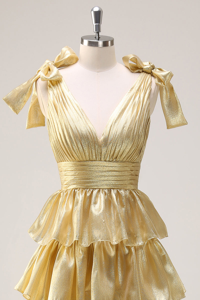 Load image into Gallery viewer, A Line Hot Pink V Neck Long Tiered Prom Dress with Slit