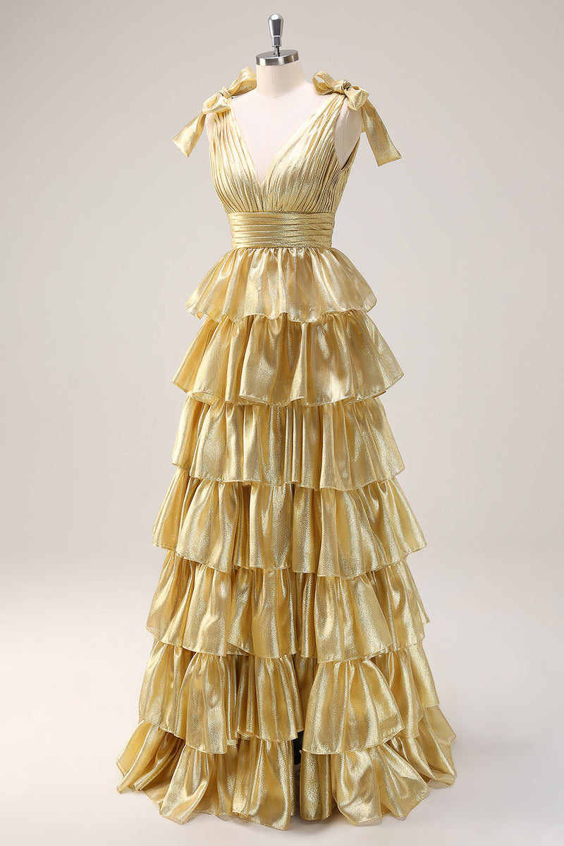 Load image into Gallery viewer, A Line Hot Pink V Neck Long Tiered Prom Dress with Slit