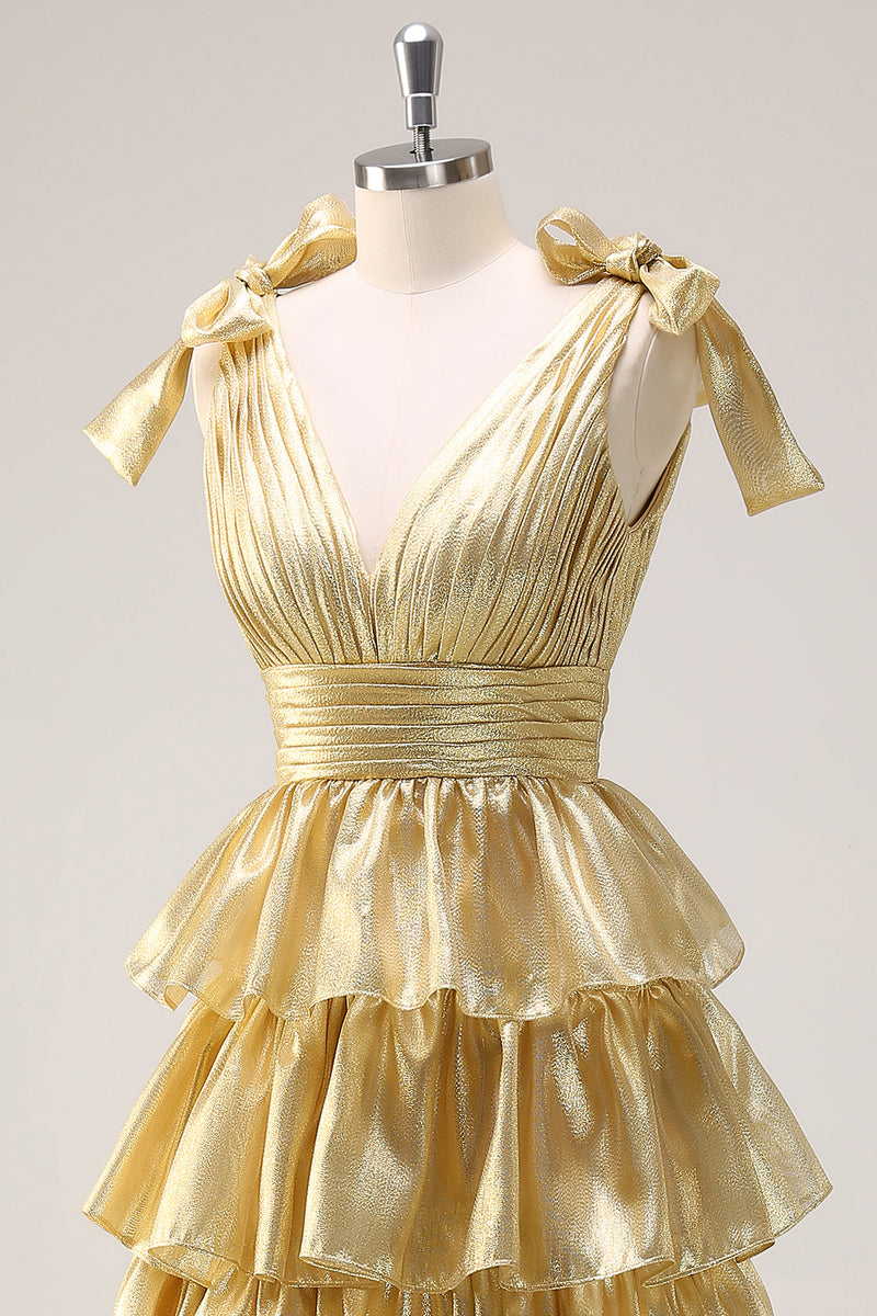 Load image into Gallery viewer, A Line Hot Pink V Neck Long Tiered Prom Dress with Slit