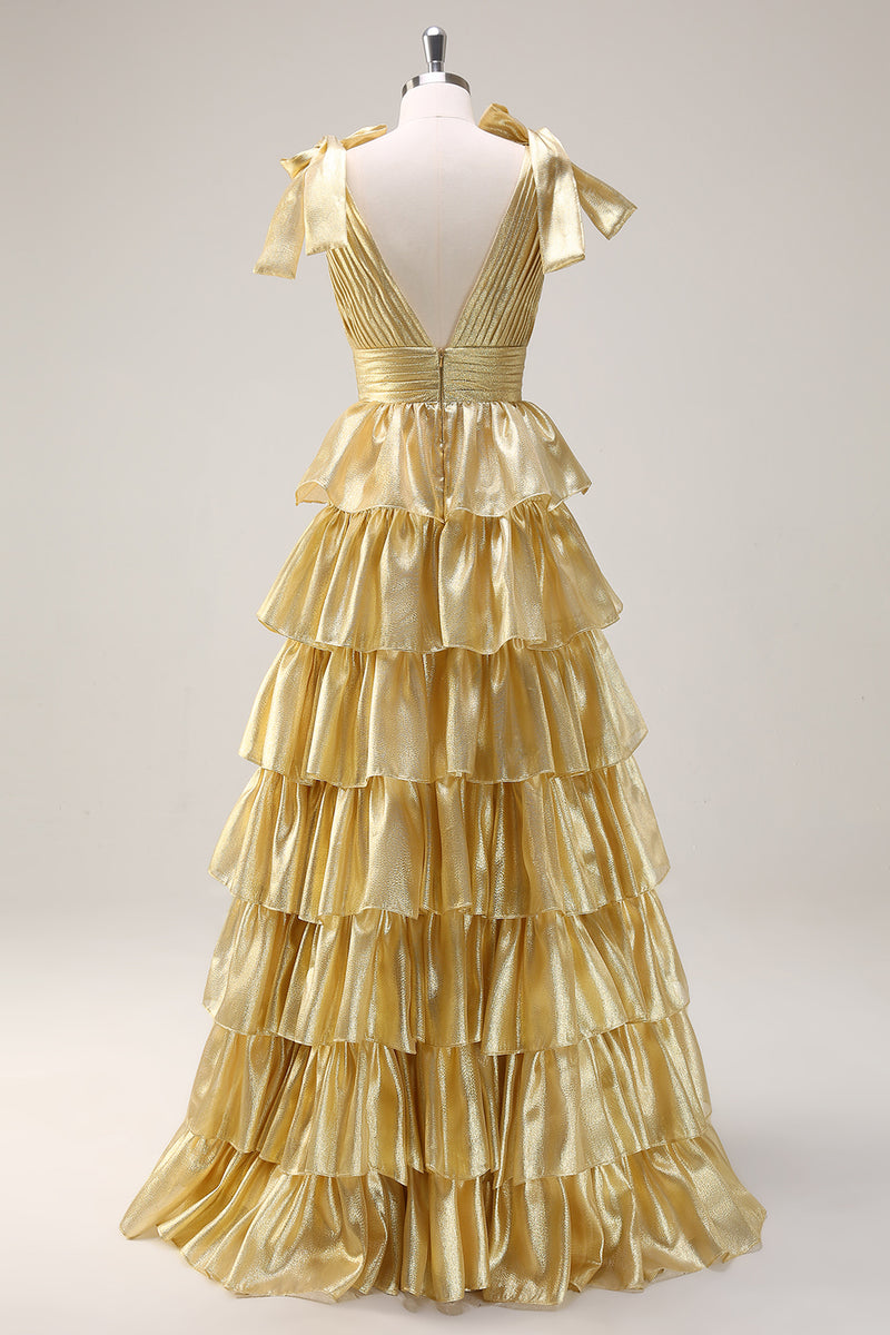 Load image into Gallery viewer, A Line Hot Pink V Neck Long Tiered Prom Dress with Slit