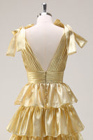 Load image into Gallery viewer, A Line Hot Pink V Neck Long Tiered Prom Dress with Slit