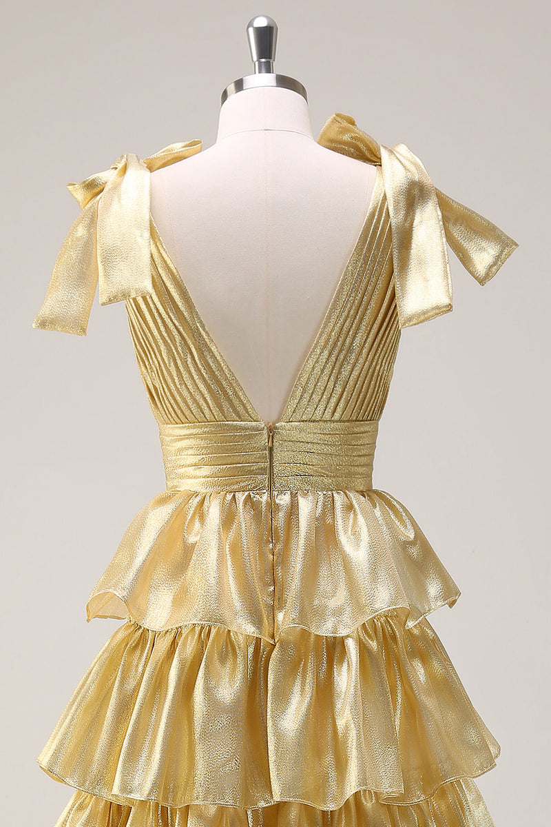 Load image into Gallery viewer, A Line Hot Pink V Neck Long Tiered Prom Dress with Slit