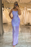Load image into Gallery viewer, Lilac Spaghetti Straps Mermaid Backless Long Prom Dress With Sequin