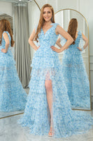Load image into Gallery viewer, Blue Printed A-line V-neck Long Tiered Prom Dress with Slit