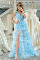 Load image into Gallery viewer, Blue Printed A-line V-neck Long Tiered Prom Dress with Slit