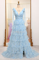 Load image into Gallery viewer, A Line Blue Printed V-neck Long Tiered Prom Dress with Slit