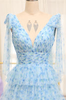Load image into Gallery viewer, A Line Blue Printed V-neck Long Tiered Prom Dress with Slit