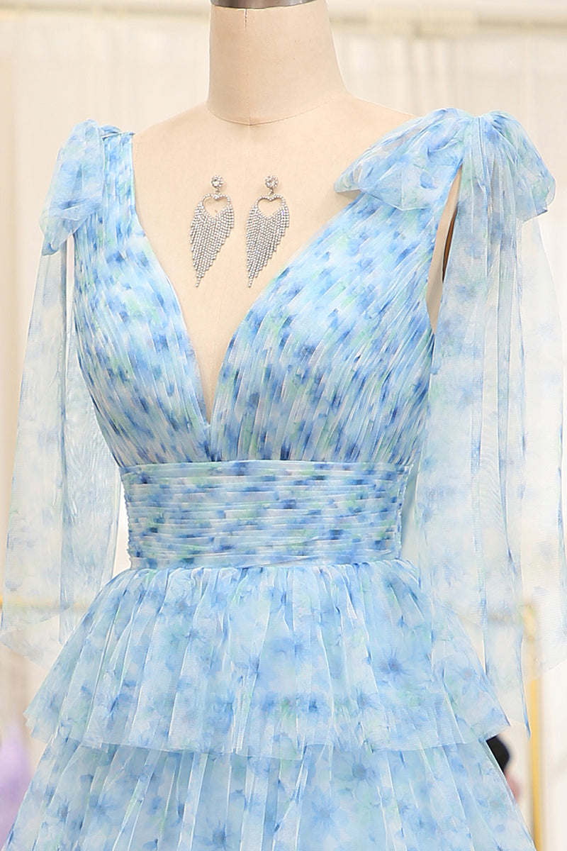 Load image into Gallery viewer, A Line Blue Printed V-neck Long Tiered Prom Dress with Slit