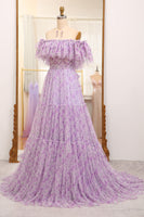 Load image into Gallery viewer, Light Purple Off The Shoulder A-Line Printed Long Prom Dress