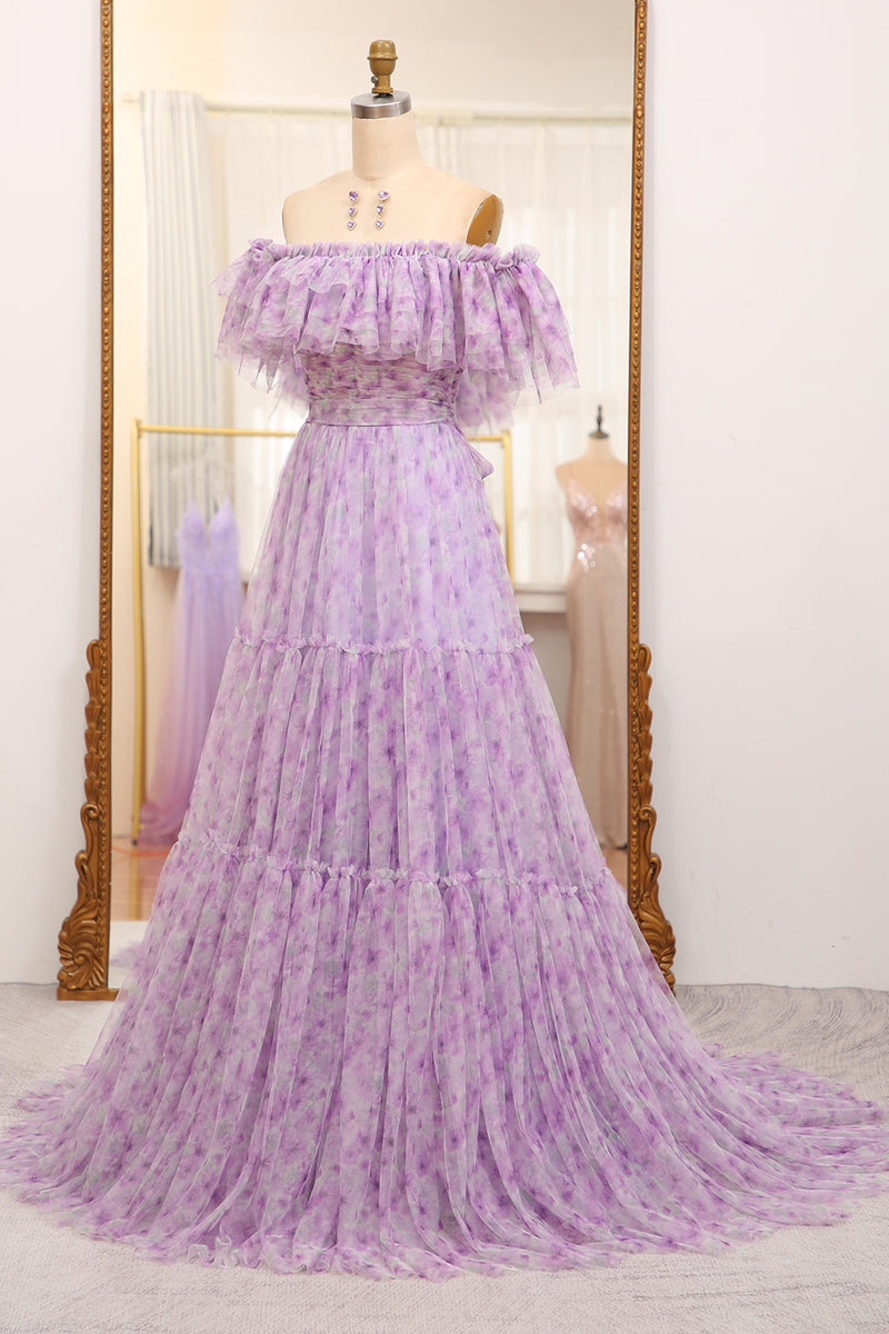 Load image into Gallery viewer, Light Purple Off The Shoulder A-Line Printed Long Prom Dress