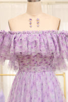 Load image into Gallery viewer, Light Purple Off The Shoulder A-Line Printed Long Prom Dress