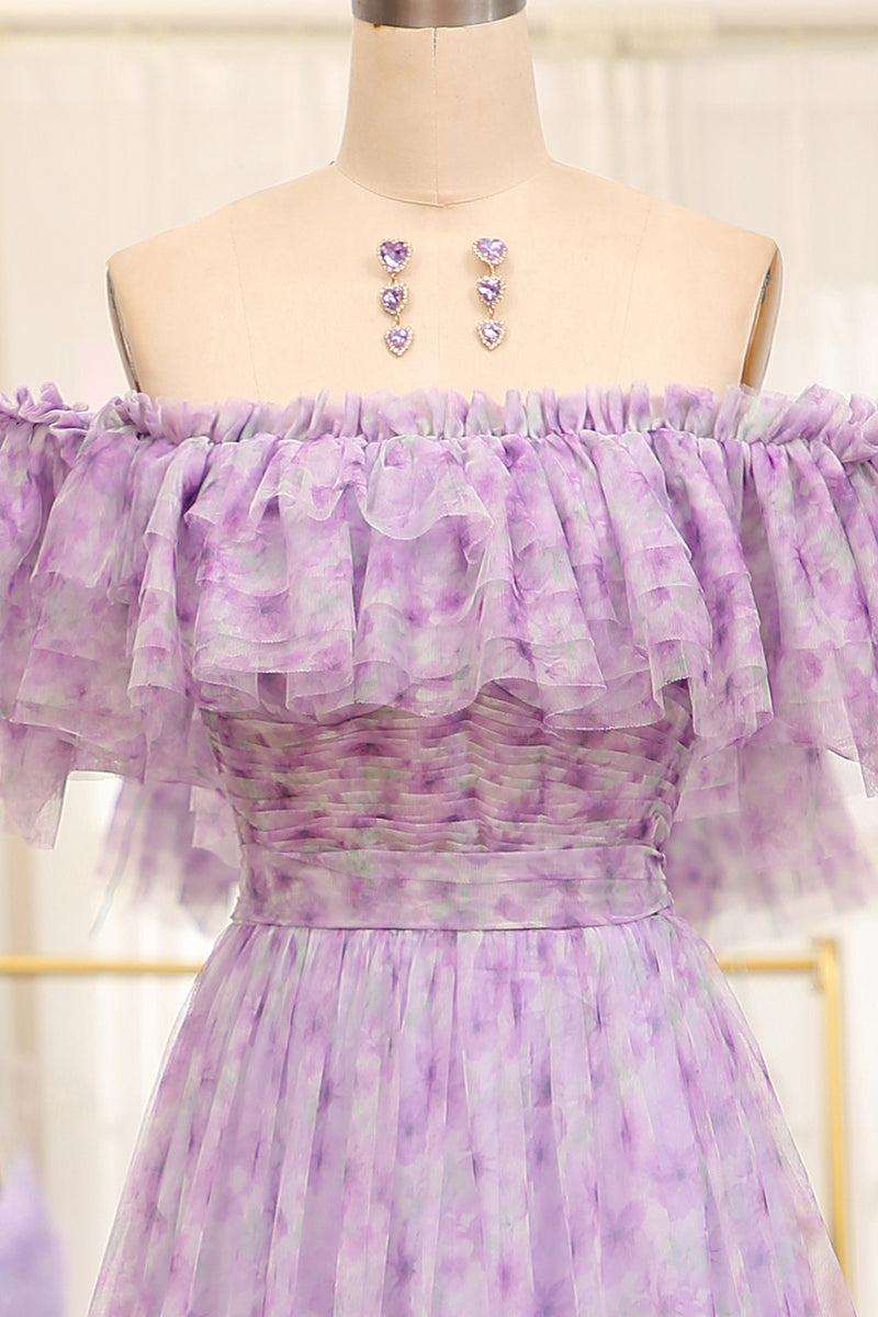 Load image into Gallery viewer, Light Purple Off The Shoulder A-Line Printed Long Prom Dress