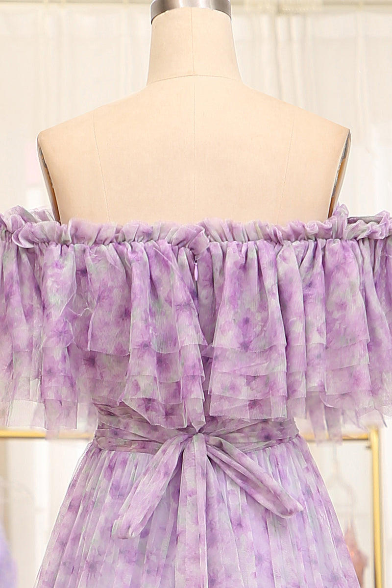 Load image into Gallery viewer, Light Purple Off The Shoulder A-Line Printed Long Prom Dress