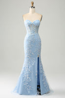 Load image into Gallery viewer, Light Blue Mermaid Strapless Corset Long Prom Dress with Slit