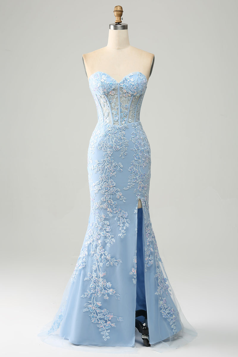 Load image into Gallery viewer, Light Blue Mermaid Strapless Corset Long Prom Dress with Slit