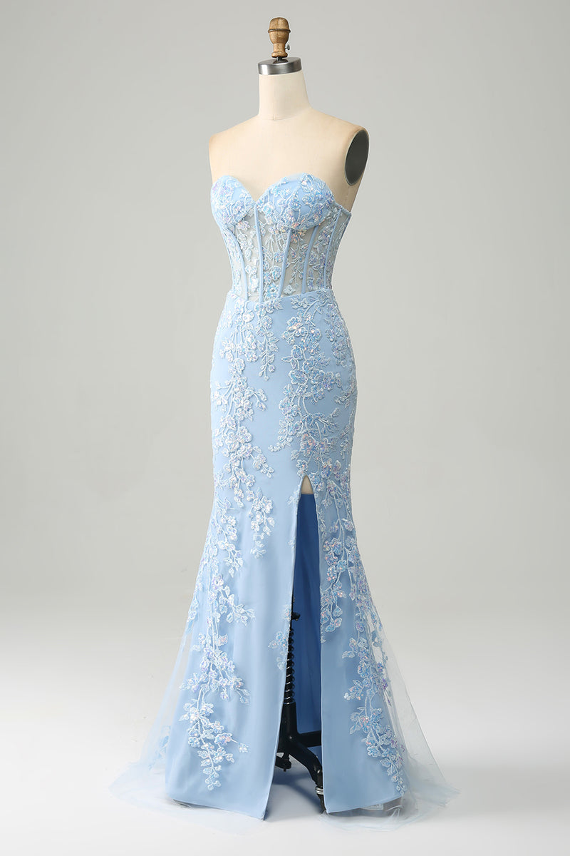 Hellymoon Women Light Blue Mermaid Strapless Corset Long Prom Dress