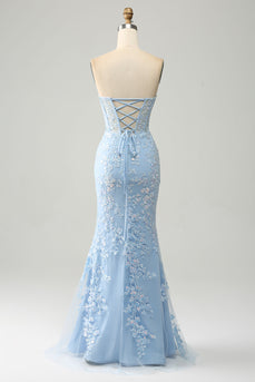 Light Blue Mermaid Strapless Corset Long Prom Dress with Slit