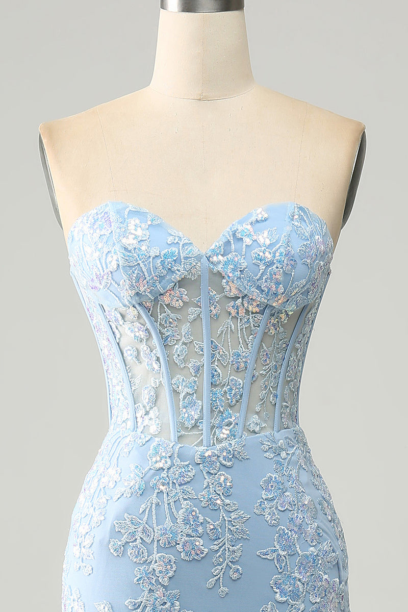 Load image into Gallery viewer, Light Blue Mermaid Strapless Corset Long Prom Dress with Slit