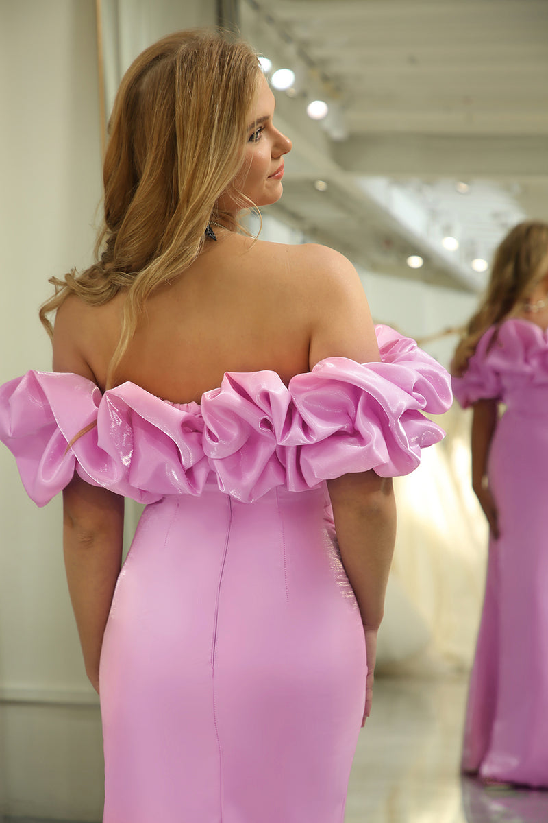 Load image into Gallery viewer, Glitter Mermaid Off the Shoulder Pink Long Prom Dress With Slit