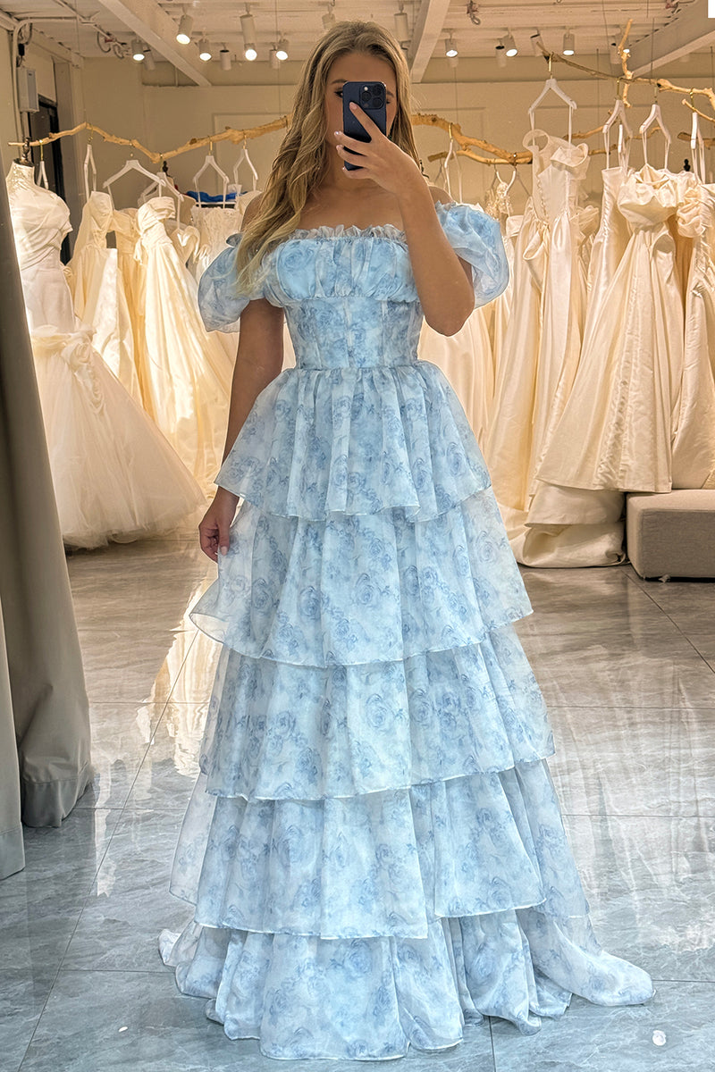 Load image into Gallery viewer, Light Blue Printed A Line Off the Shoulder Long Tiered Corset Prom Dress