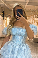 Load image into Gallery viewer, Light Blue Printed A Line Off the Shoulder Long Tiered Corset Prom Dress